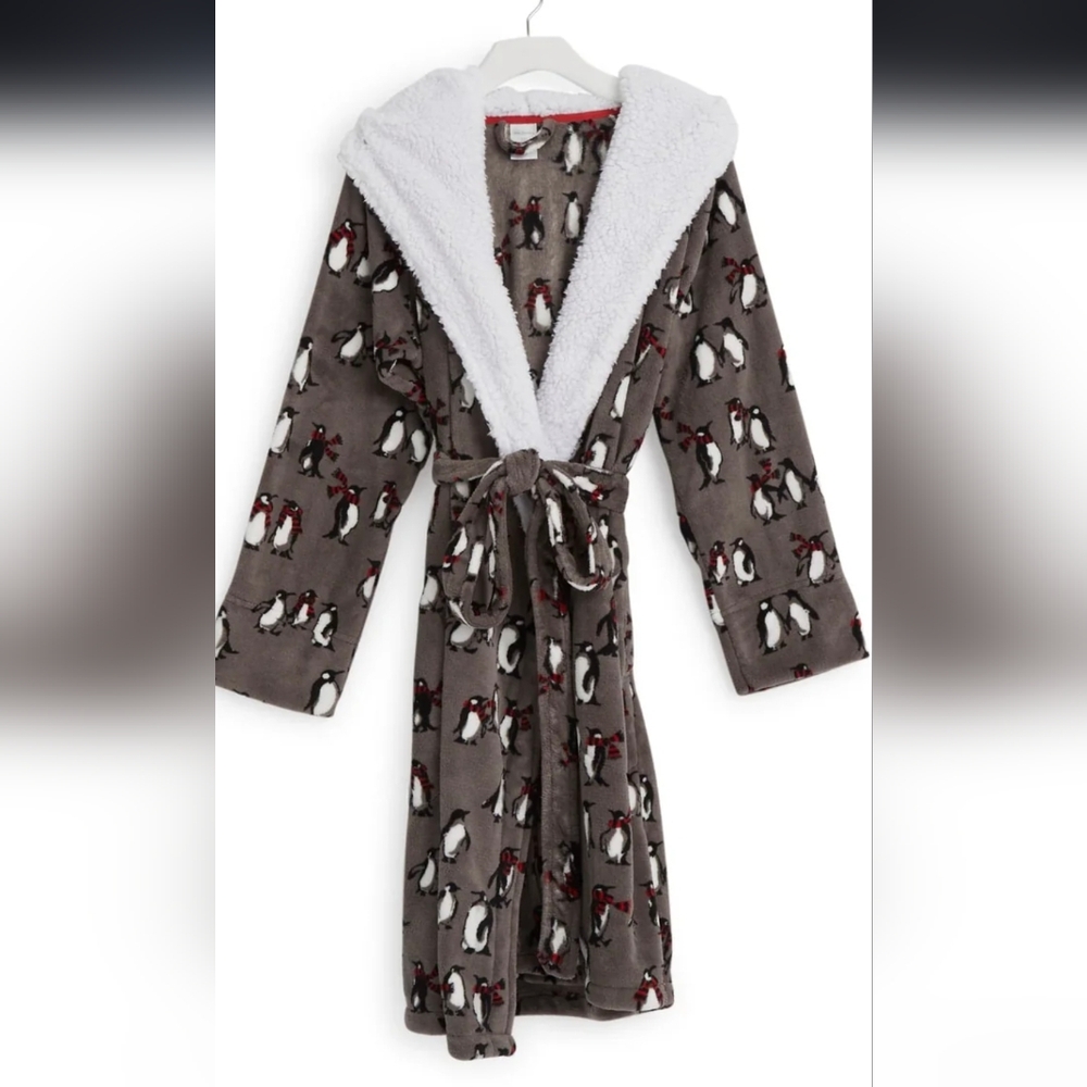 Vera Bradley Plush Cozy Life Hooded Robe Penguins Galaxy Gray NWT Sz L-XL